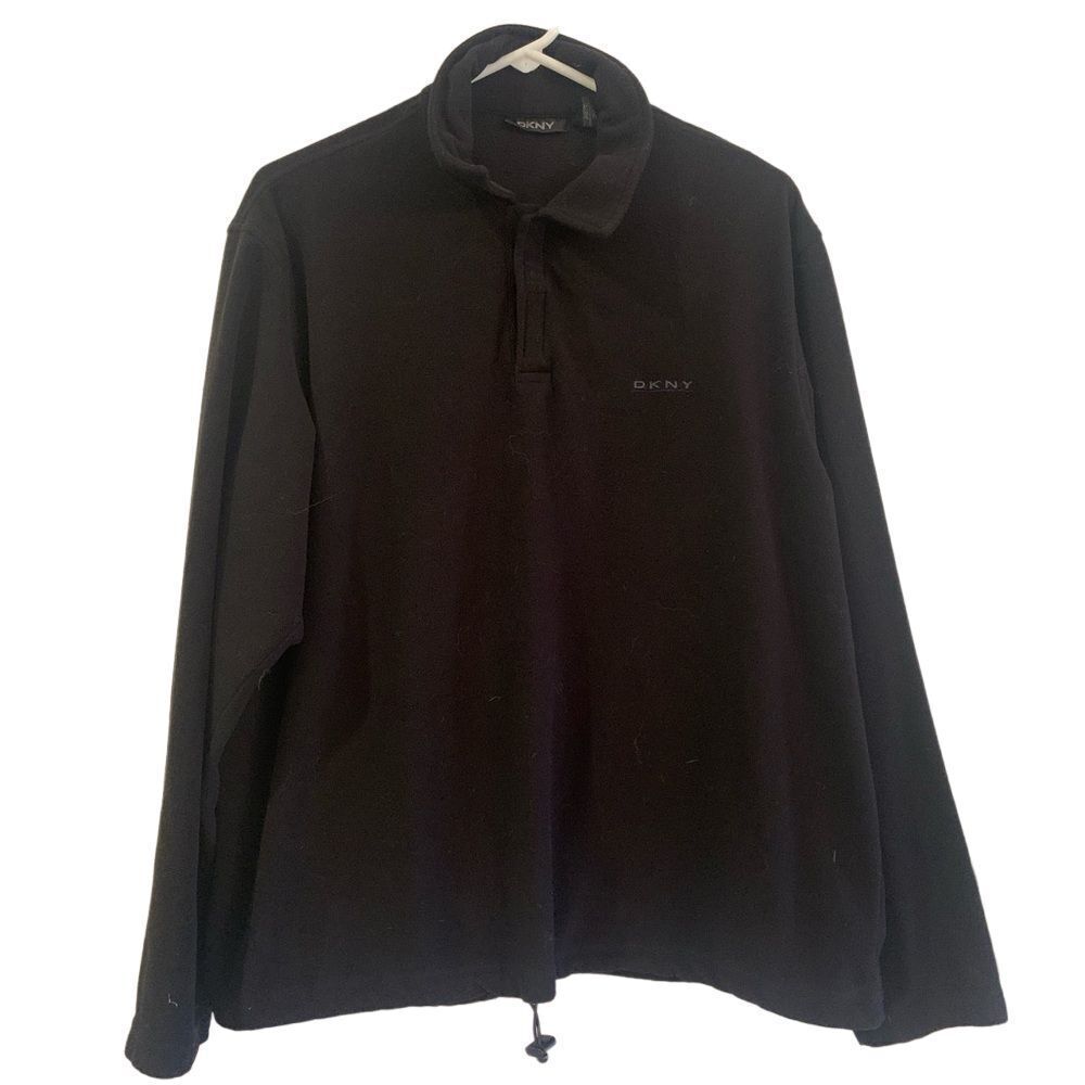 DKNY Men's Large Black Fleece Pullover Sweatshirt Drawstring Hem‎ Funnel Neck
